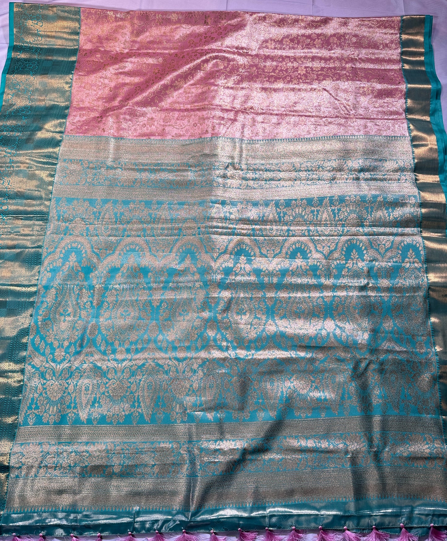 Kanjeevaram Semi Silk Saree with stitched maggam work blouse Peach