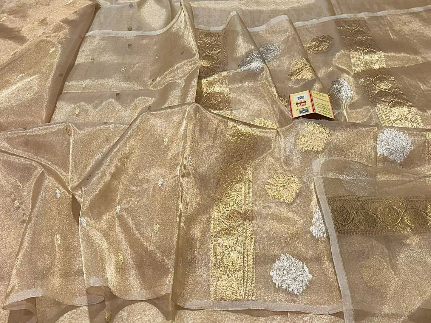 Banarasi Handloom Silk Tissue Saree – Light Golden with Gold & Silver Zari Weaving