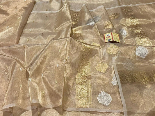 Banarasi Handloom Silk Tissue Saree – Light Golden with Gold & Silver Zari Weaving