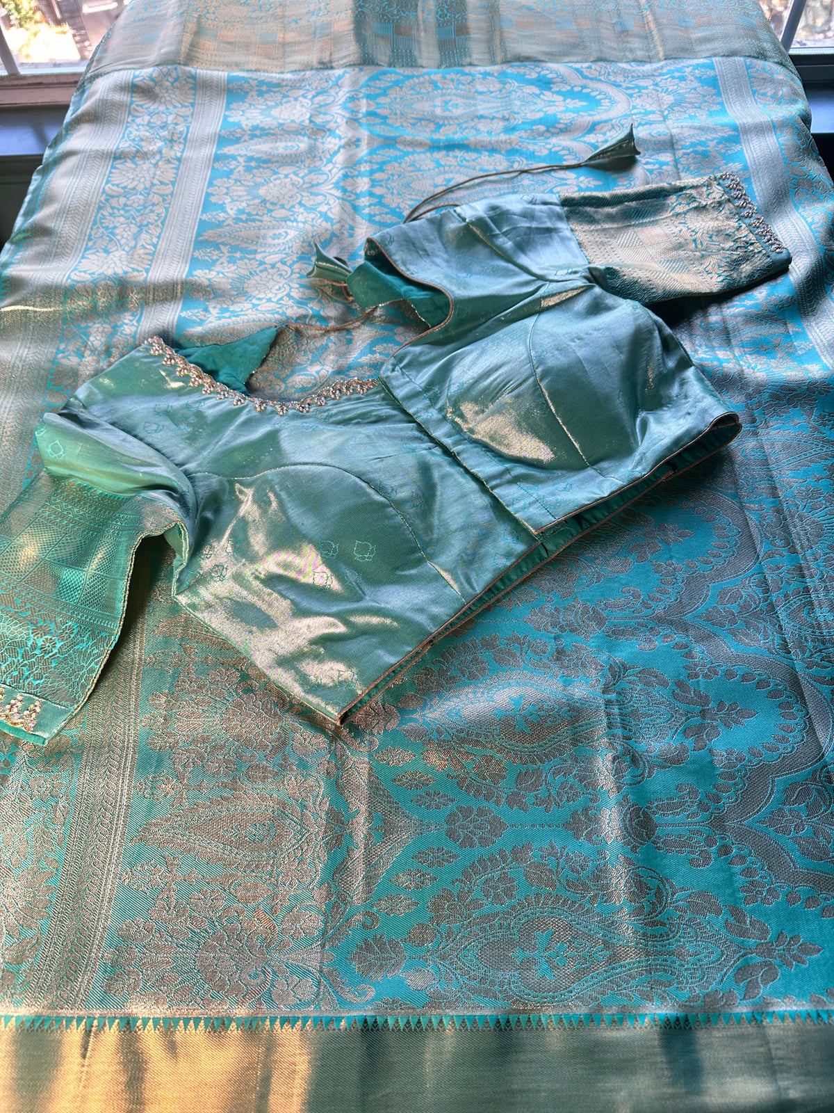 Kanjeevaram Semi Silk Saree with stitched maggam work blouse Peach