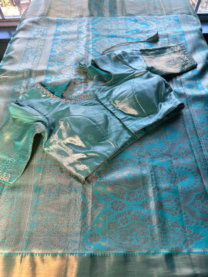 Kanjeevaram Semi Silk Saree with stitched maggam work blouse Peach