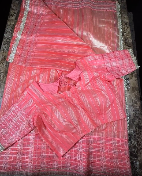 Fancy Saree with Stitched Blouse Peach