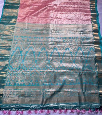 Kanjeevaram Semi Silk Saree with stitched maggam work blouse Peach