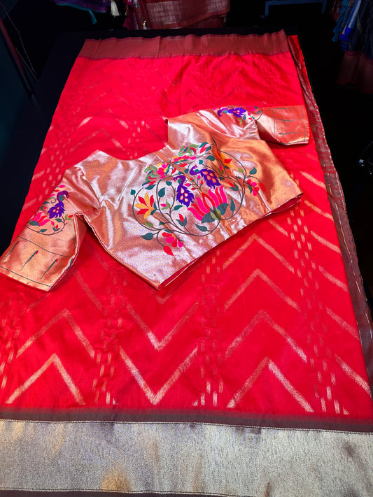 Soft Silk Banarasi Saree with Zari Design & Embroidery Stitched Blouse.  Weaving Pallu – Ships from USA – Traditional Silk Saree for Weddings & Festivals-Red Saree