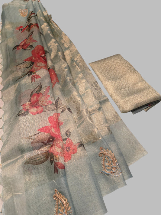 Teal Blue Tissue Kota Saree with Floral Digital Prints & Zardosi Work | Elegant Borderless Soft Silk Saree – Fast Shipping from USA