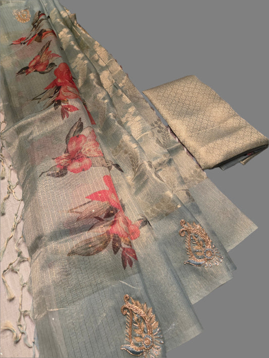 Teal Blue Tissue Kota Saree with Floral Digital Prints & Zardosi Work | Elegant Borderless Soft Silk Saree – Fast Shipping from USA
