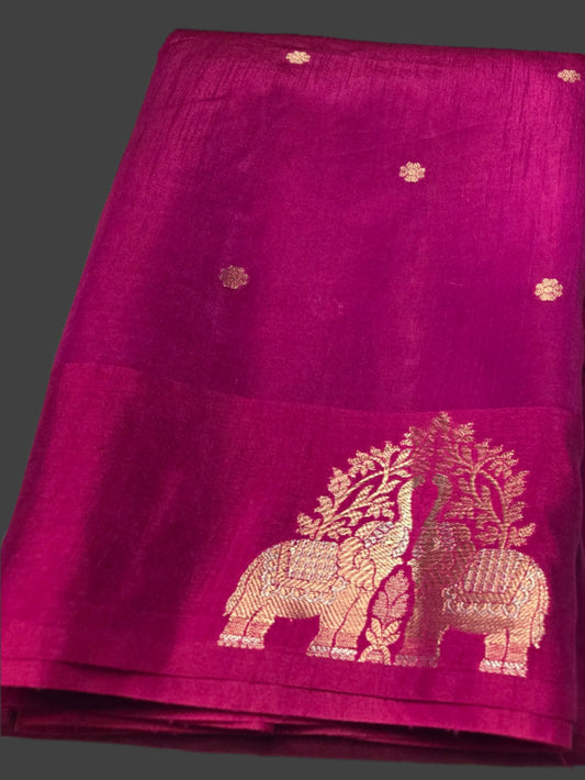 Semi Tussar Soft Silk Saree with Zari-Woven Buttas & Elephant Design Border Purple | Elegant Wedding & Festive Saree – Fast Shipping from USA
