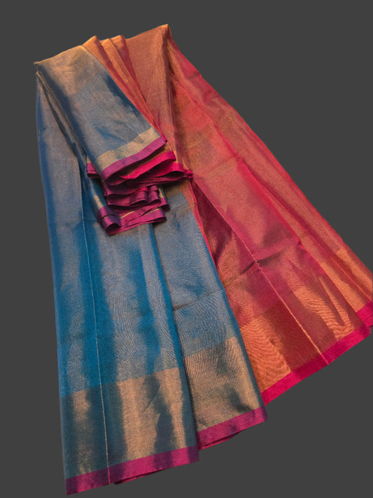 Pure Uppada Pattu Tissue Silk Saree with Pallu Design Blue and Majenta