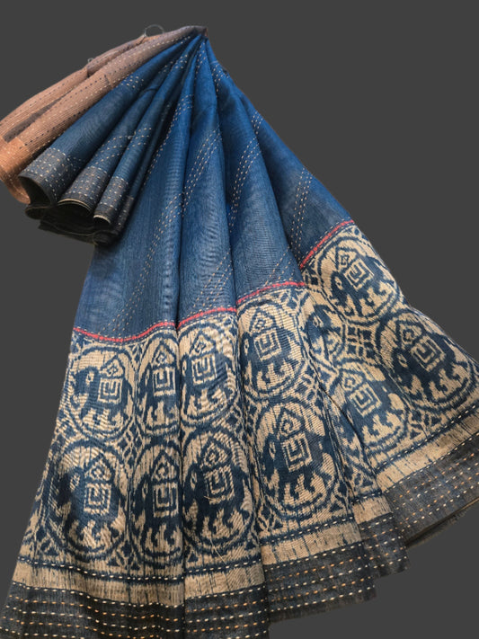 Art Silk Cotton Saree Elephant Print Ikkat Saree Fancy Saree Thread work Saree Blue USA