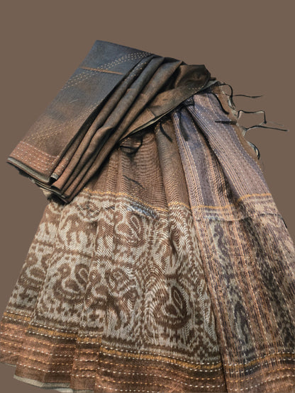 Art Silk Cotton Saree Cationic Sufi Cotton Saree Fancy Saree Ikat Print Thread work Saree Mud Green Color