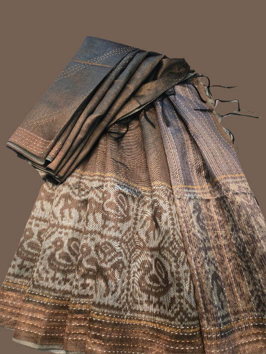 Art Silk Cotton Saree Cationic Sufi Cotton Saree Fancy Saree Ikat Print Thread work Saree Mud Green Color