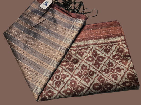 Art Silk Cotton Saree Cotton Saree Fancy Saree Ikkat Print Thread work Saree Coffee Brown
