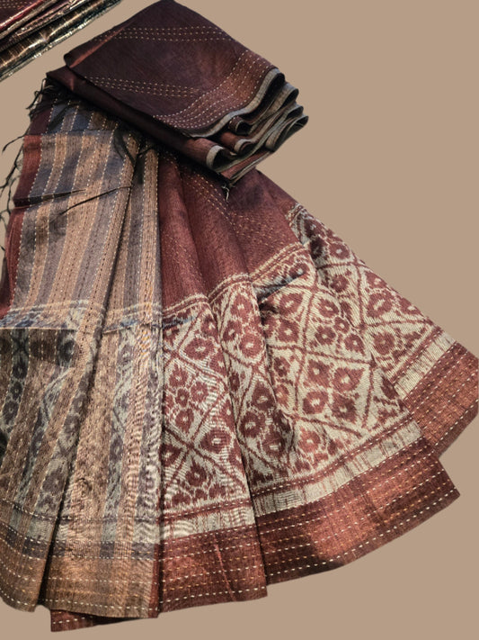 Art Silk Cotton Saree Cotton Saree Fancy Saree Ikkat Print Thread work Saree Coffee Brown