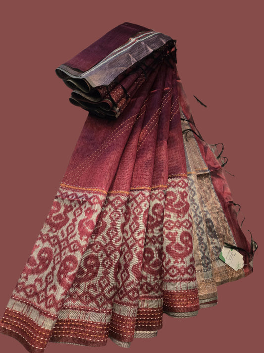 Art Silk Saree Cotton Cationic Sufi Saree Fancy Saree Ikat Print Thread work Saree in Maroon