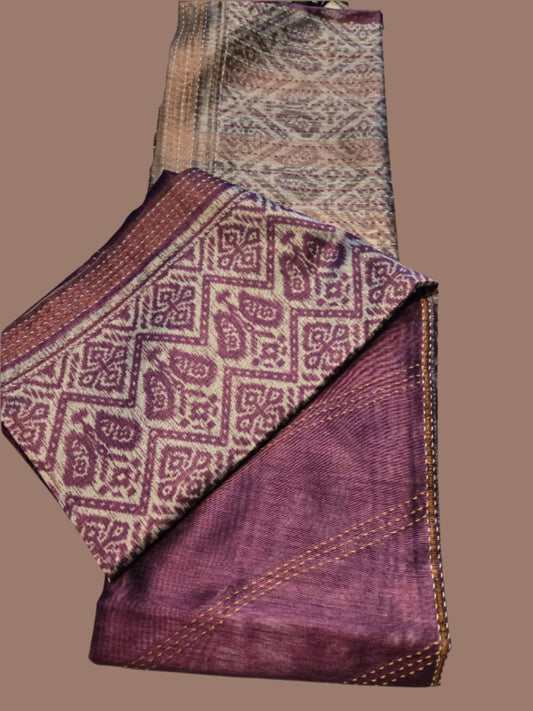 Art Silk Saree Cotton Cationic Sufi Saree Fancy Saree Ikat Print Thread work Saree in Majenta Purple
