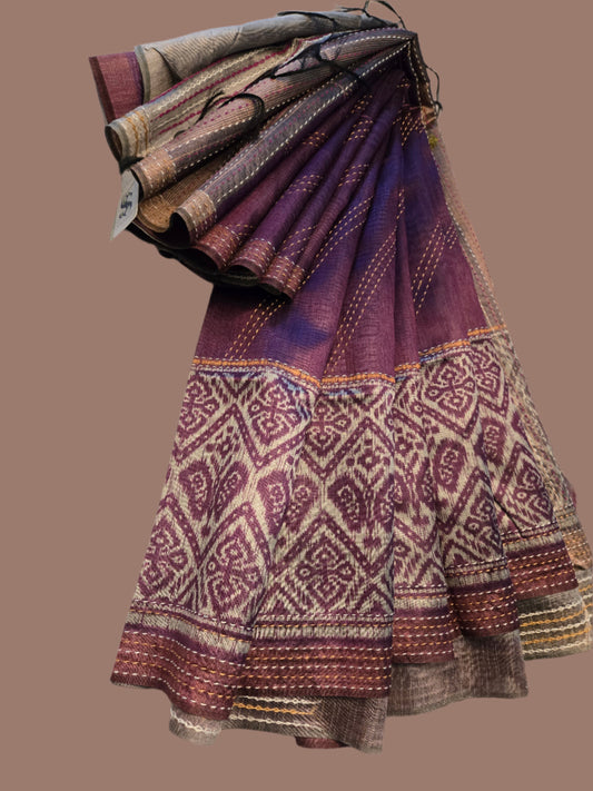 Art Silk Saree Cotton Cationic Sufi Saree Fancy Saree Ikat Print Thread work Saree in Majenta Purple