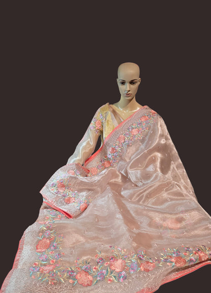 Exclusive Embroidered Pure Glass Organza Saree buy from USA with Threadwork Border & Matching Blouse – Lightweight & Elegant
