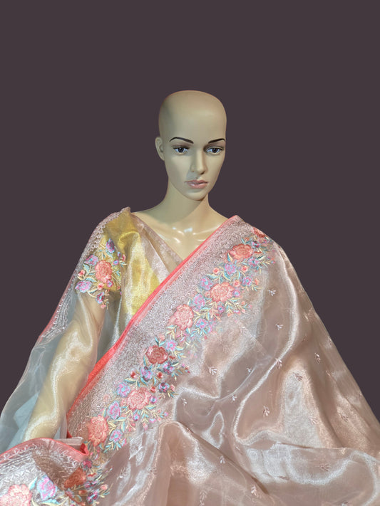 Exclusive Embroidered Pure Glass Organza Saree buy from USA with Threadwork Border & Matching Blouse – Lightweight & Elegant