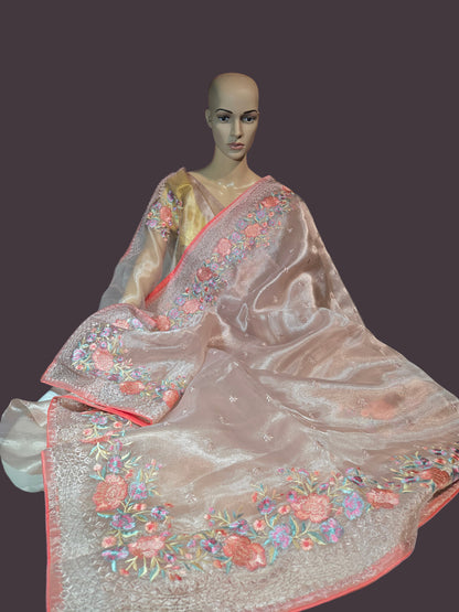 Exclusive Embroidered Pure Glass Organza Saree buy from USA with Threadwork Border & Matching Blouse – Lightweight & Elegant
