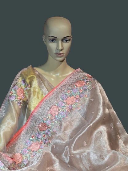 Exclusive Embroidered Pure Glass Organza Saree buy from USA with Threadwork Border & Matching Blouse – Lightweight & Elegant