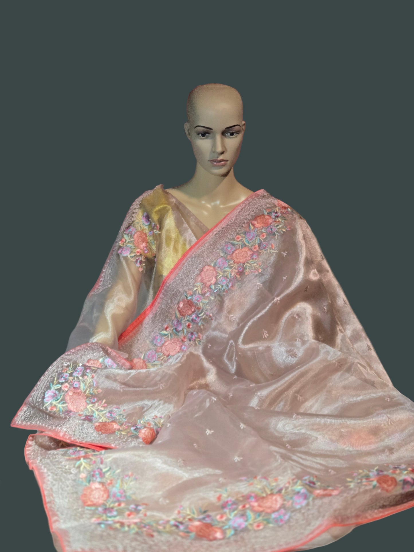 Exclusive Embroidered Pure Glass Organza Saree buy from USA with Threadwork Border & Matching Blouse – Lightweight & Elegant