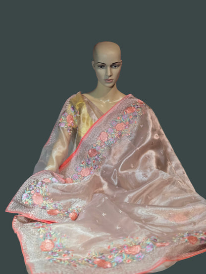 Exclusive Embroidered Pure Glass Organza Saree buy from USA with Threadwork Border & Matching Blouse – Lightweight & Elegant