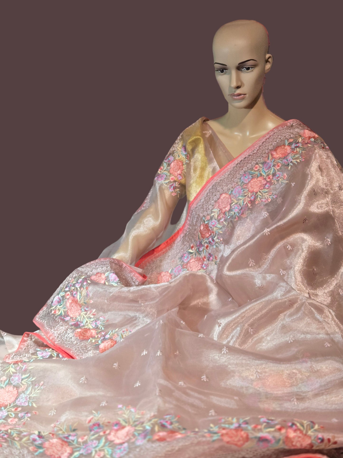 Exclusive Embroidered Pure Glass Organza Saree buy from USA with Threadwork Border & Matching Blouse – Lightweight & Elegant