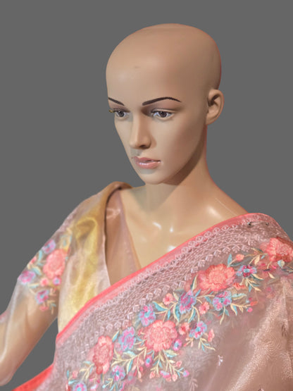 Exclusive Embroidered Pure Glass Organza Saree buy from USA with Threadwork Border & Matching Blouse – Lightweight & Elegant