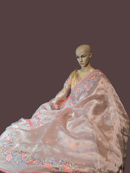 Exclusive Embroidered Pure Glass Organza Saree buy from USA with Threadwork Border & Matching Blouse – Lightweight & Elegant