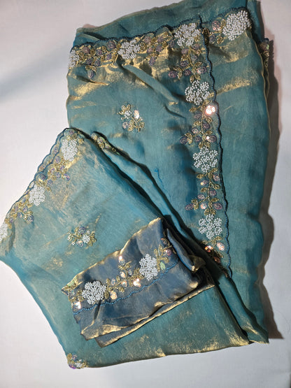 Premium Fancy Silk Saree with Sequin Brits Work & Arco Border Green– Buy from USA