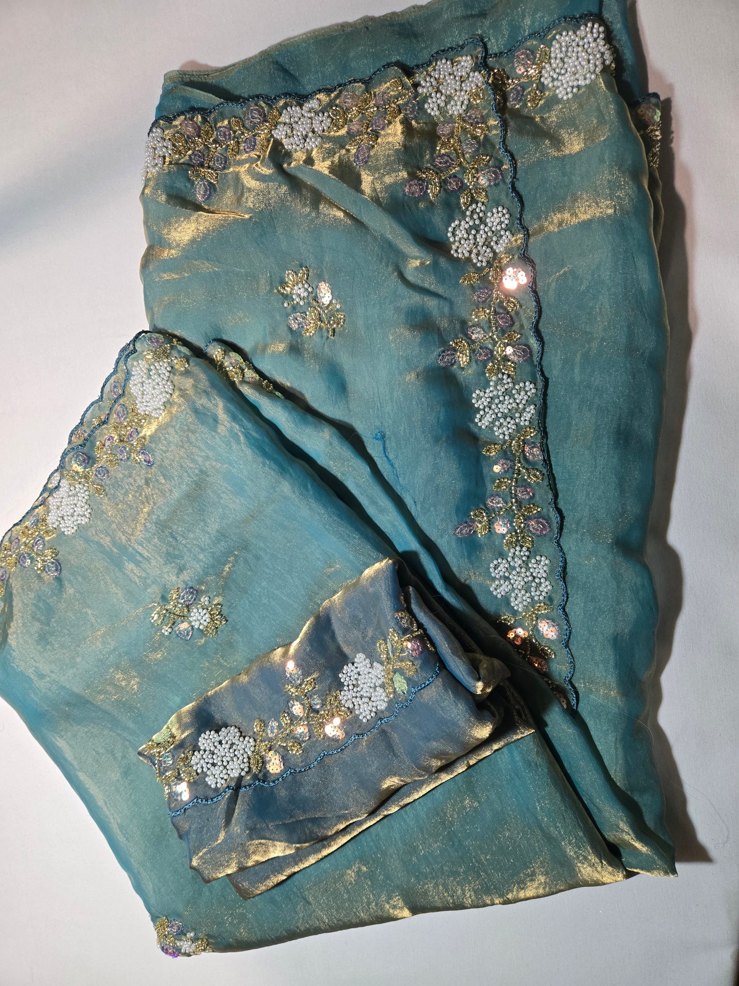 Premium Fancy Silk Saree with Sequin Brits Work & Arco Border Green– Buy from USA