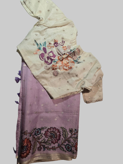 Exclusive Kota Silk Saree with Stitched Blouse Banarasi Buta & Kalamkari Appliqué – Luxury Indian Saree USA