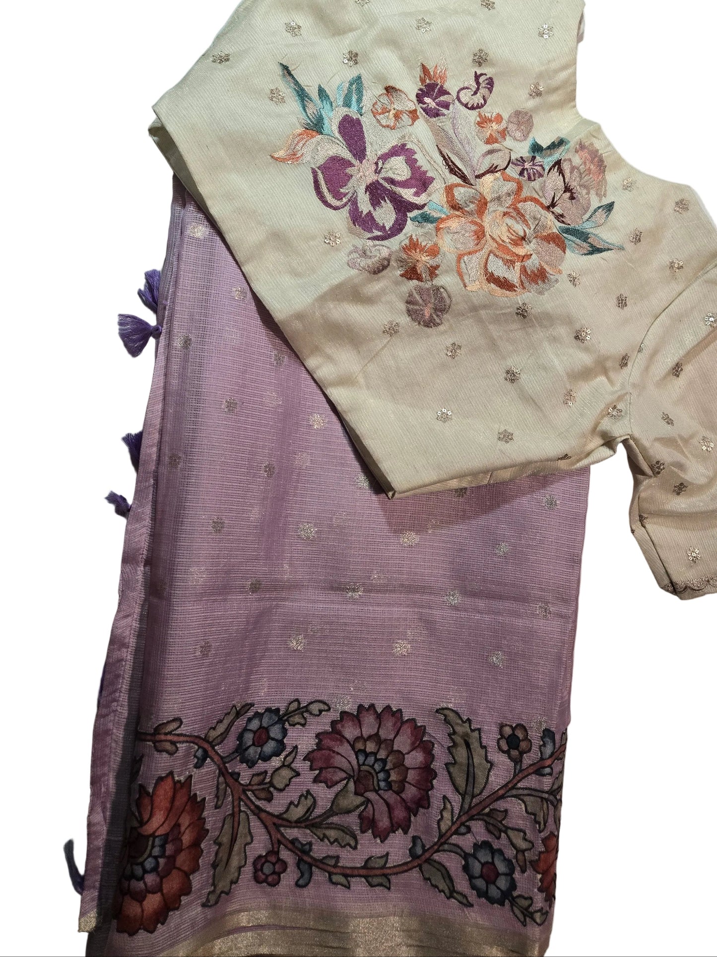 Exclusive Kota Silk Saree with Stitched Blouse Banarasi Buta & Kalamkari Appliqué – Luxury Indian Saree USA