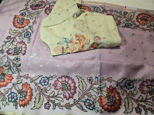 Exclusive Kota Silk Saree with Stitched Blouse Banarasi Buta & Kalamkari Appliqué – Luxury Indian Saree USA