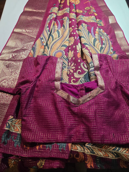 Semi Tussar Silk Saree with Zari Checked Pattern, Kalamkari Prints & Woven Zari Border –dark magenta