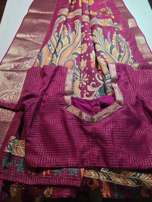 Semi Tussar Silk Saree with Zari Checked Pattern, Kalamkari Prints & Woven Zari Border –dark magenta