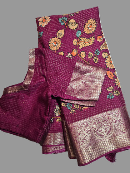 Semi Tussar Silk Saree with Zari Checked Pattern, Kalamkari Prints & Woven Zari Border –dark magenta