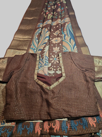 Kalamkari Prints Semi Silk Saree Coffee Brown Partywear, Buy from USA