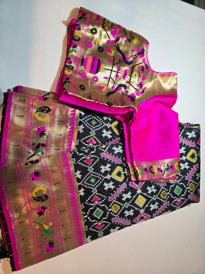 Kanchivaram Patola Paithani Silk Saree with Stitched Blouse Original Zari & Minakari Border