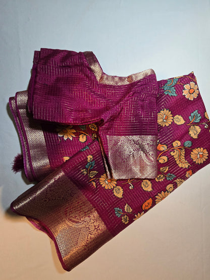 Semi Tussar Silk Saree with Zari Checked Pattern, Kalamkari Prints & Woven Zari Border –dark magenta