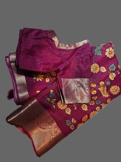 Semi Tussar Silk Saree with Zari Checked Pattern, Kalamkari Prints & Woven Zari Border –dark magenta