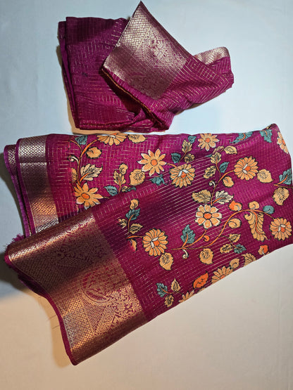 Semi Tussar Silk Saree with Zari Checked Pattern, Kalamkari Prints & Woven Zari Border –dark magenta