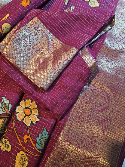 Semi Tussar Silk Saree with Zari Checked Pattern, Kalamkari Prints & Woven Zari Border –dark magenta