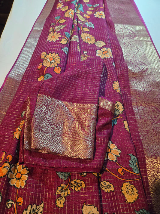 Semi Tussar Silk Saree with Zari Checked Pattern, Kalamkari Prints & Woven Zari Border –dark magenta