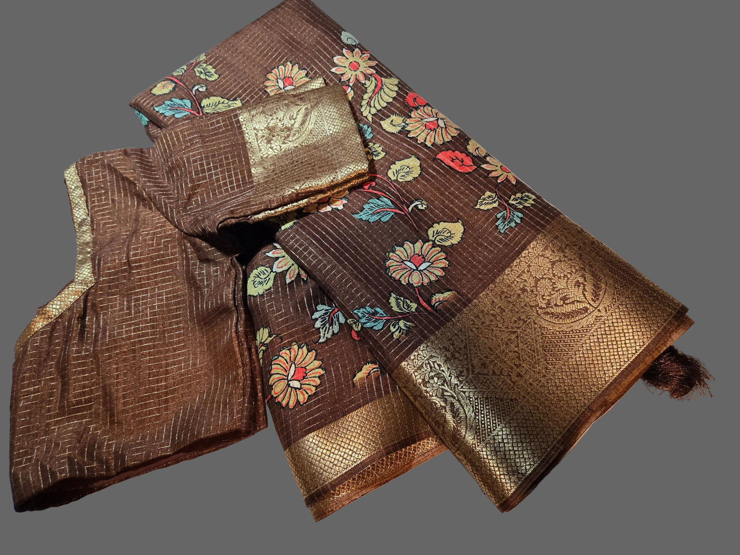 Kalamkari Prints Semi Silk Saree Coffee Brown Partywear, Buy from USA