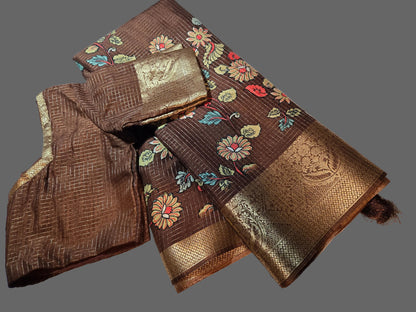 Kalamkari Prints Semi Silk Saree Coffee Brown Partywear, Buy from USA