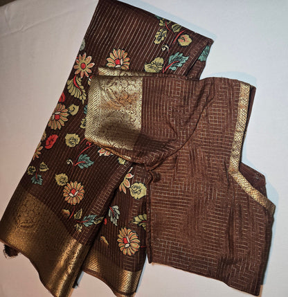 Kalamkari Prints Semi Silk Saree Coffee Brown Partywear, Buy from USA