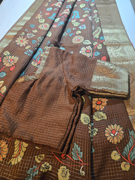 Semi Tussar Silk Saree, Kalamkari Prints Coffee Brown Partywear, Buy from USA