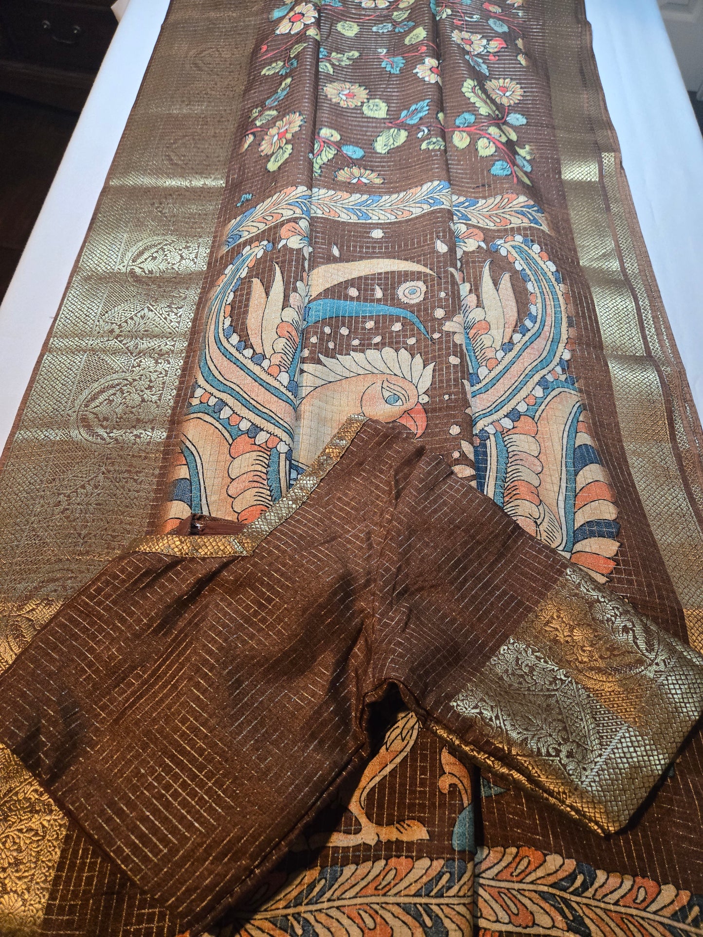 Kalamkari Prints Semi Silk Saree Coffee Brown Partywear, Buy from USA