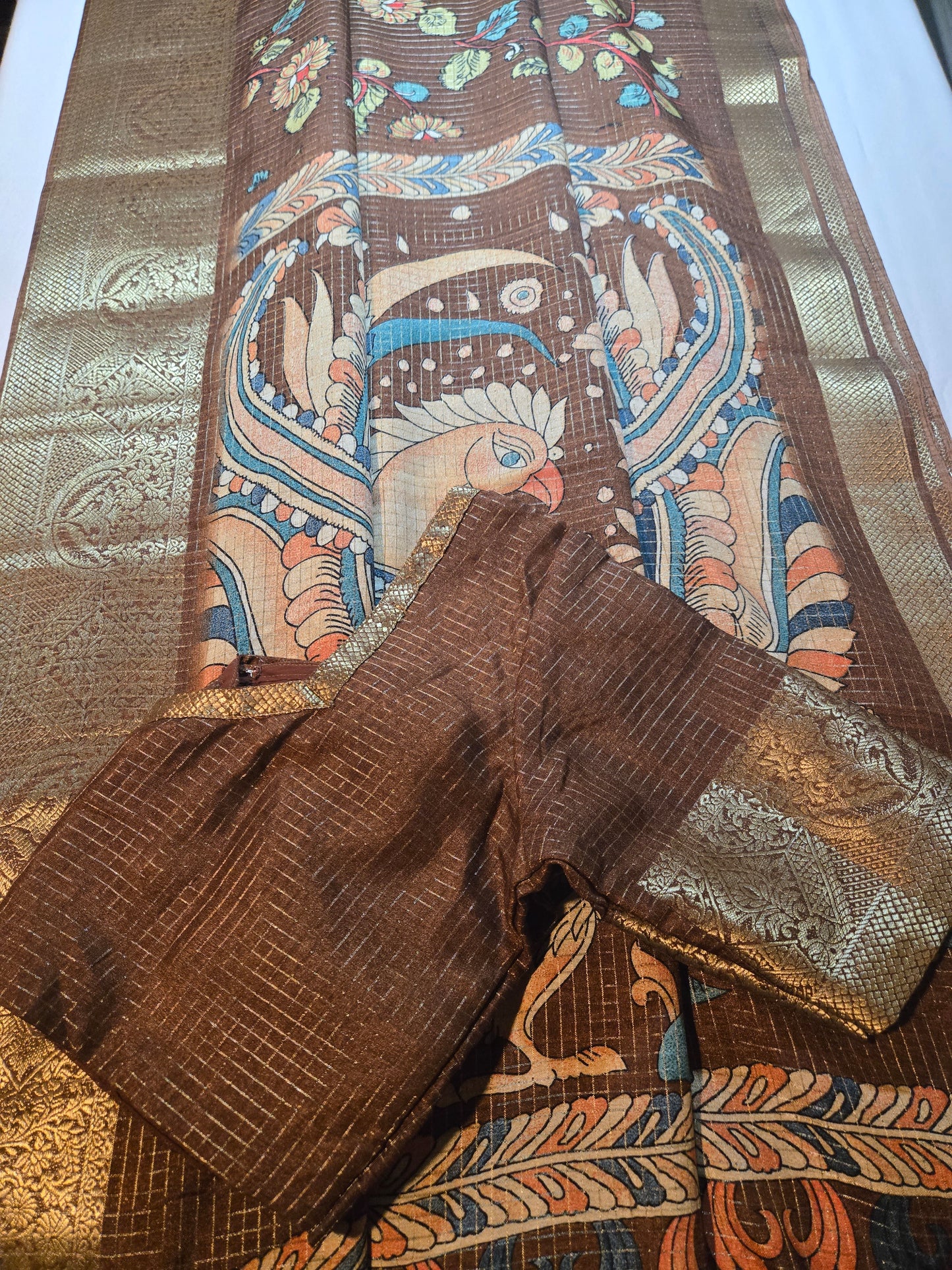 Kalamkari Prints Semi Silk Saree Coffee Brown Partywear, Buy from USA